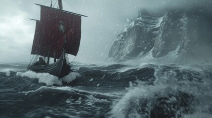 Viking ship sailing in rough seas - obrazy, fototapety, plakaty