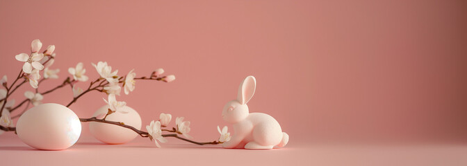 Easter egg background pastel colors and bunny. Floral decorative details, copy space, Generative AI.