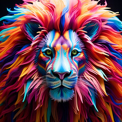 Threaded Majesty: Unveiling the Illusory Beauty of a Multicolored Lion Sculpted from Threads, Where Imagination and Reality Converge - obrazy, fototapety, plakaty