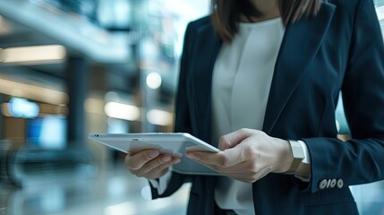 Female business executive uses a connected tablet with office background