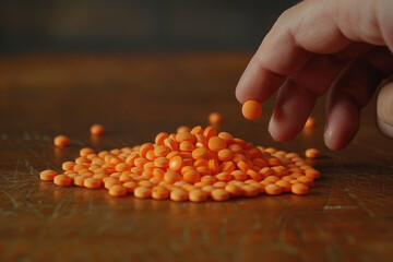 Hand grab orange pill from a pile, drug, medicine, health concept