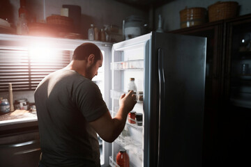 Balding Male Opening Fridge In Kitchen To Look For Food - obrazy, fototapety, plakaty