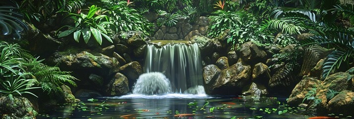 Tropical waterfall with water pouring into a secret grove filled with plants - obrazy, fototapety, plakaty