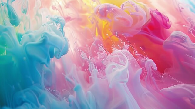Behold the vivid colors and dynamic textures of a close-up color explosion, where pink, blue, red, green, and yellow hues blend harmoniously in an abstract flowing pattern. 