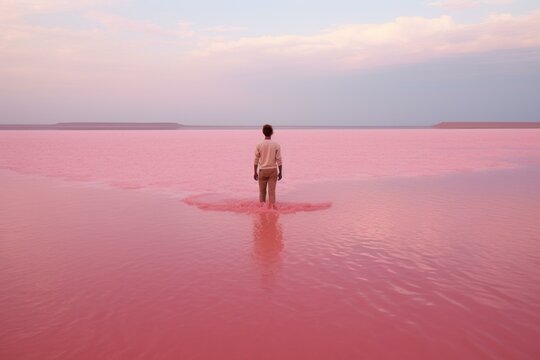 Pink lake view. Water summer. Generate Ai