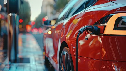 Electric vehicle at a charging station in the city
