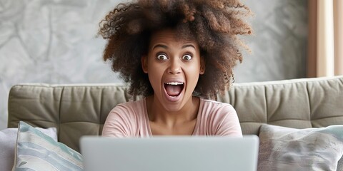 Excited African American woman using laptop computer