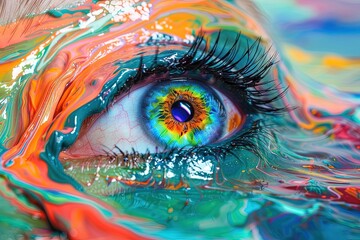 Closeup of a colorful eye with melting colors - makeup and beauty concept - obrazy, fototapety, plakaty