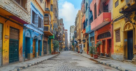 Fototapeta na wymiar Colorful Buildings Line Empty Cairo Street