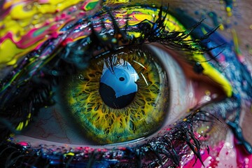 Closeup of a colorful eye with melting colors - makeup and beauty concept