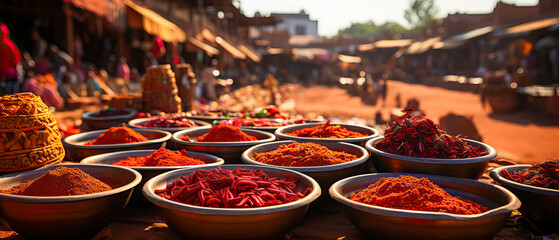 open air spice bazar with bowls full of colorful condiments - obrazy, fototapety, plakaty