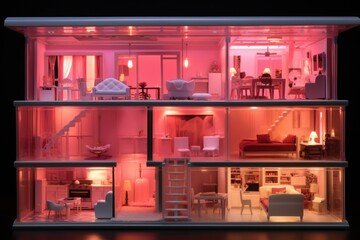 Pink neon doll house. Modern design. Generate Ai