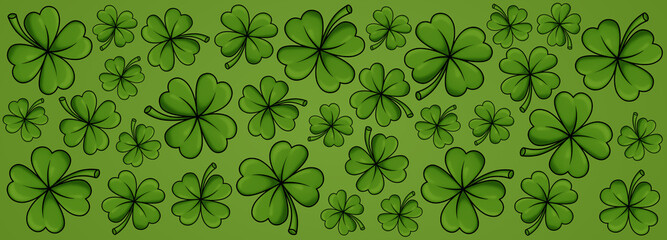 St Patrick four leaves clover illustration seamless pattern. Lucky Irish shamrock texture banner backdrop background design template blank