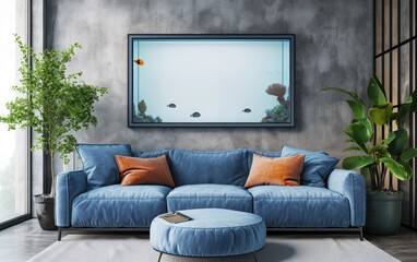 Modern living room with comfortable blue sofa and brown pillows near houseplants, round cushion table over the gray carpet, and aquarium fish in a concrete wall