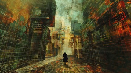 Man Walking Down Street Surrounded by Tall Buildings