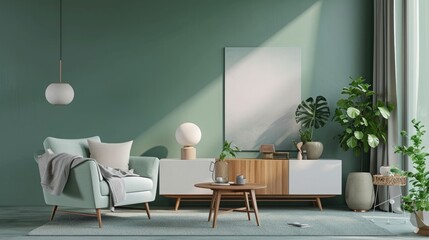 Mint color living room with soft armchair sofa near round coffee table with a white solid wooden cabinet near houseplants