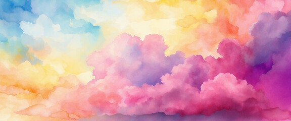 Colorful watercolor abstract background with cloud pattern symbolizes beauty, with bright shades of orange, yellow, blue, pink and purple.