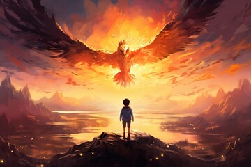 The child looking at the phoenix bird flying above him - obrazy, fototapety, plakaty