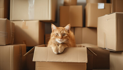 Fototapeta premium Transitioning Spaces: Stacks of Cardboard Boxes with a Cat Curiously Sitting Inside an Empty Box in the Room