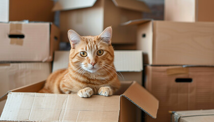 Fototapeta premium Transitioning Spaces: Stacks of Cardboard Boxes with a Cat Curiously Sitting Inside an Empty Box in the Room
