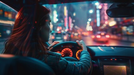Woman Driving Car on City Street at Night