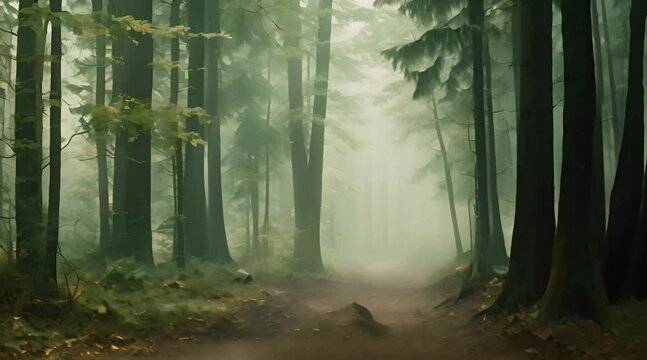 Abstract animation of deep forest. Silence, loneliness, abandonment, mystery, impenetrability, mystery, nature, secrecy. Generated by AI.