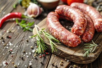 Raw sausages with herbs and spices on a rustic wooden board.