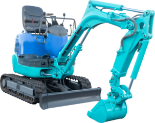 Clipped image of a blue hydraulic excavator viewed from an oblique angle