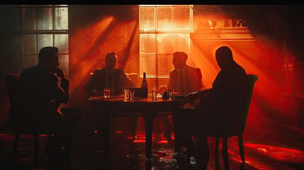 A shadowy mafia meeting in an old, dimly lit room, plotting their next move in the city's underworld
