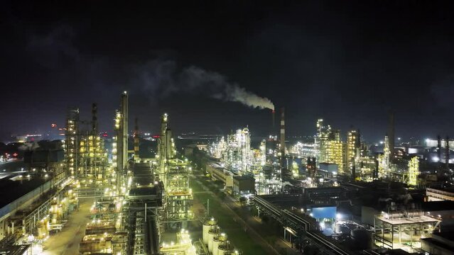 aerial video night view of the large refineries