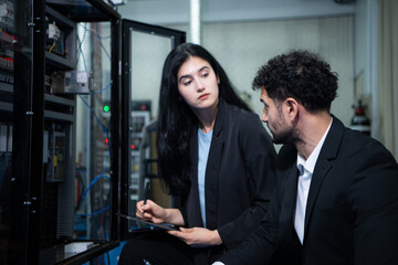 Businessperson of factory industry inspection and testing of robots arm for use in large-scale complex manufacturing industries.