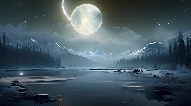 Abstract animation of a huge moon in the starry sky. Satellite, night, sun, crater, month, sky, full moon, stars, space, eclipse, earth, planet, luminary. Generated by AI.