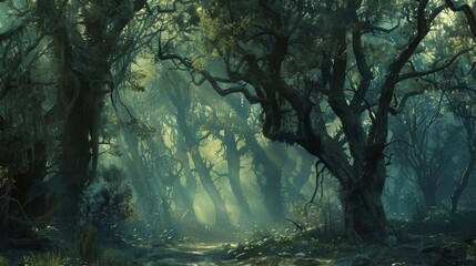 A mystical forest where time stands still its ancient trees whispering forgotten secrets to those who listen - obrazy, fototapety, plakaty
