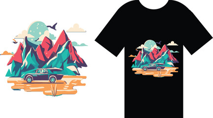 Car parked in front of majestic mountains under a full moon, perfect for a t-shirt design