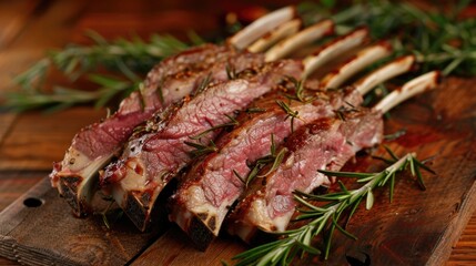 Grilled lamb chops on wooden cutting board.