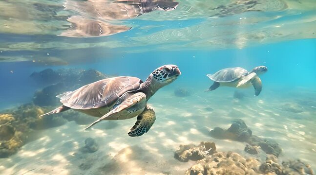 Abstract animation of turtles underwater. Shell, animal, water, slowly, piece, sand, reptile, sea, eggs, long-lived, wisdom, aquarium. Generated by AI.