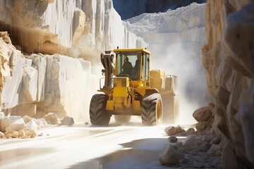 Marble quarry, bulldozer and big truck working.