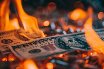 Fire engulfing a pile of hundred dollar bills - obrazy, fototapety, plakaty