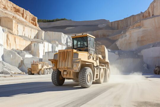 Industrial truck car transportation white blocks, sun light, Industry marble quarry.
