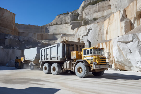 Industry marble quarry, industrial truck car transportation white blocks, sun light.