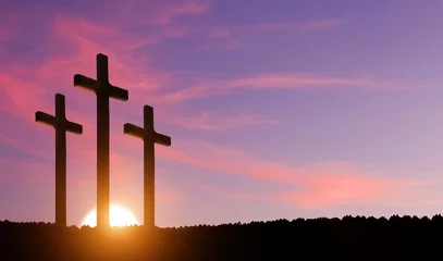 Foto auf Glas Crucifixion of Jesus Christ. Cross at sunset. © arsenypopel