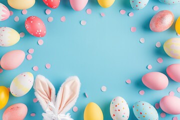 Fototapeta na wymiar Pastel Easter Eggs with Bunny Ears Headband and Confetti on Blue Background