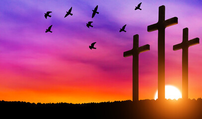 Crucifixion of Jesus Christ. Cross at sunset. - obrazy, fototapety, plakaty