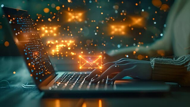 A direct selling project for an email marketing list featuring a woman hand using a laptop with an email icon, An email marketing concept with a notification alert ,generative ai