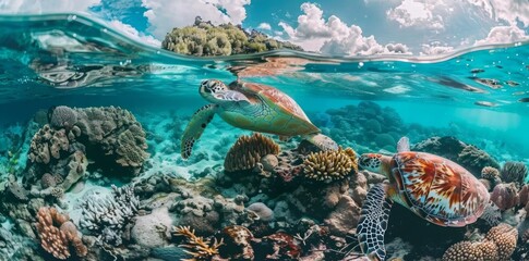 Naklejka na ściany i meble Turtle Swimming Over a Coral Reef