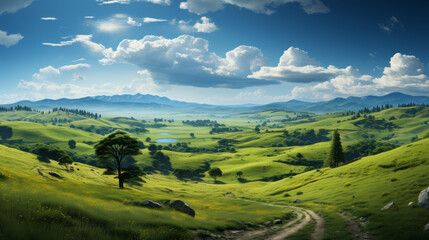 Obraz premium Summer countryside views: a beautiful landscape of green fields, blue skies, and majestic mountains under the su, generative AI