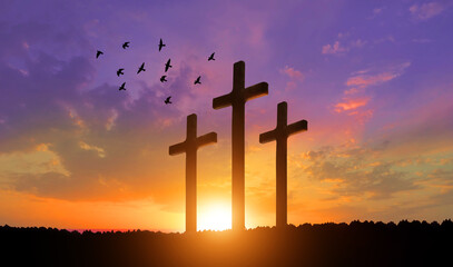 Crucifixion of Jesus Christ. Cross at sunset.