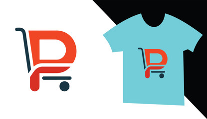 Letter P Shopping Cart Logo and T-shirt - obrazy, fototapety, plakaty