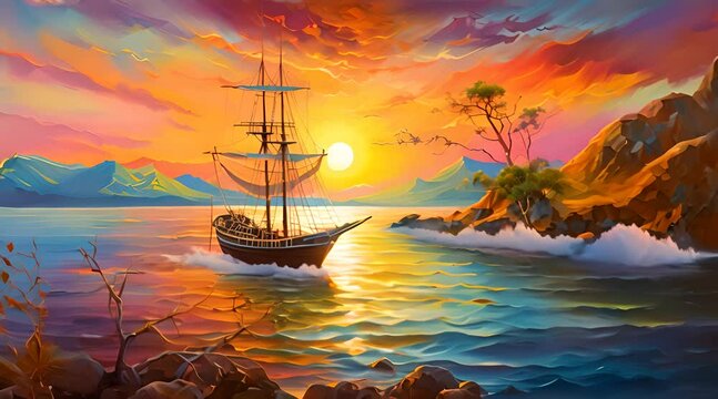 Abstract animation of a sailing ship at sunset. Sail, sea, stern, ocean, captain, ship, pirate, mast, wind, deck, torpedo, voyage, helm, anchor, sailor, calm. Generated by AI.