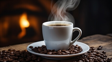 Banner steaming cup of coffee with scattered roasted beans, evoking warmth and aroma with copy space